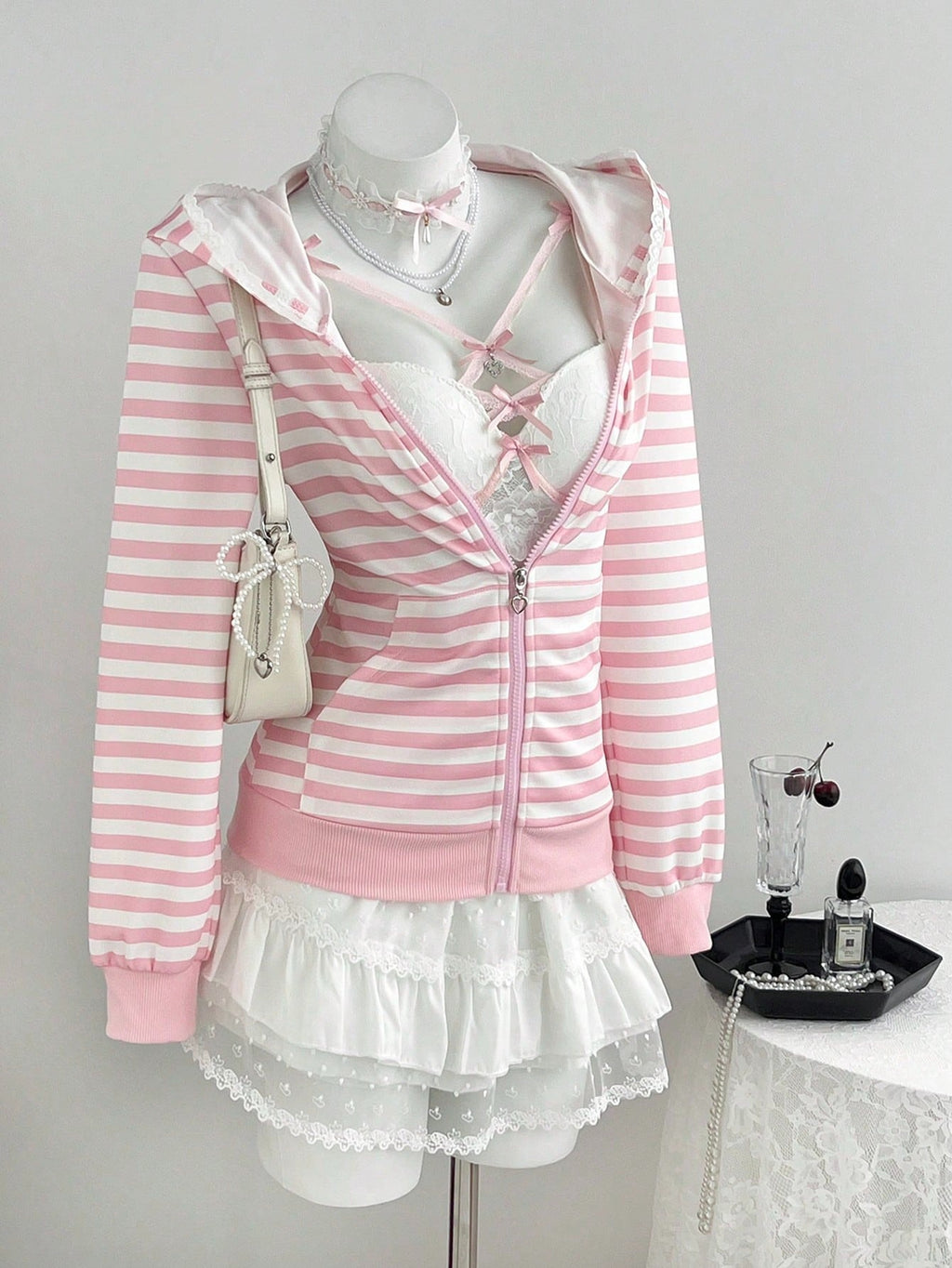 Pure Desire Powder White Striped Hooded Sweatshirt