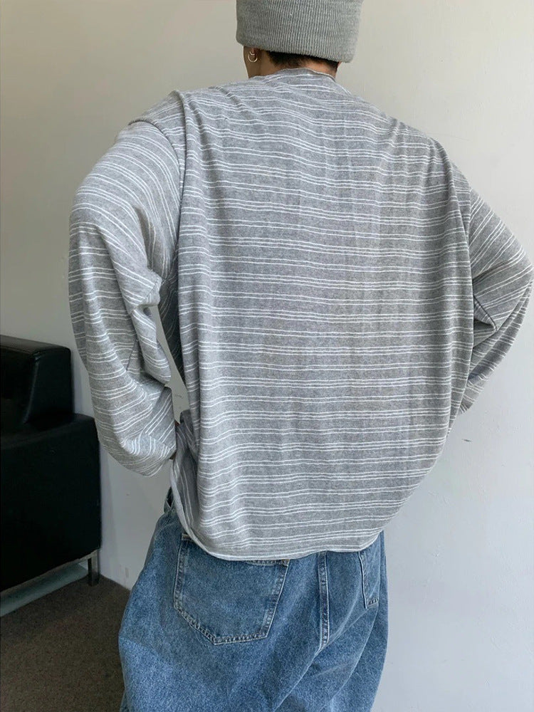 Mens Striped Long Sleeve T-Shirt with Curled Stripes and Round Neck
