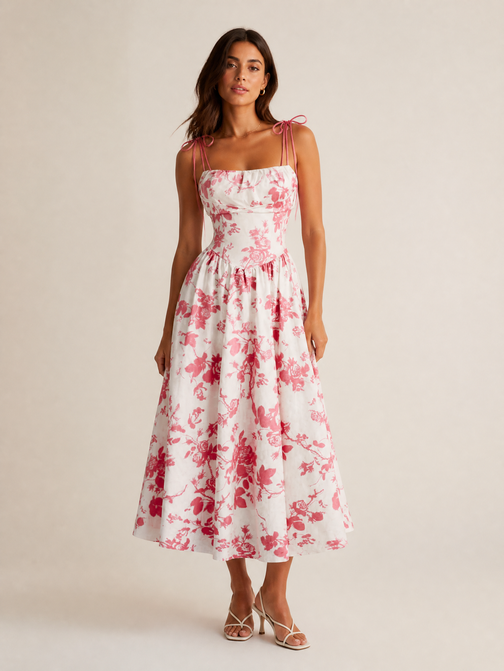 Floral Midi Sun Dress with Smocked Bodice and Tie Straps