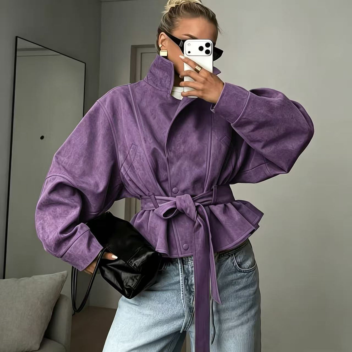 Women's Faux Suede Motorcycle Jacket with Lapel Collar