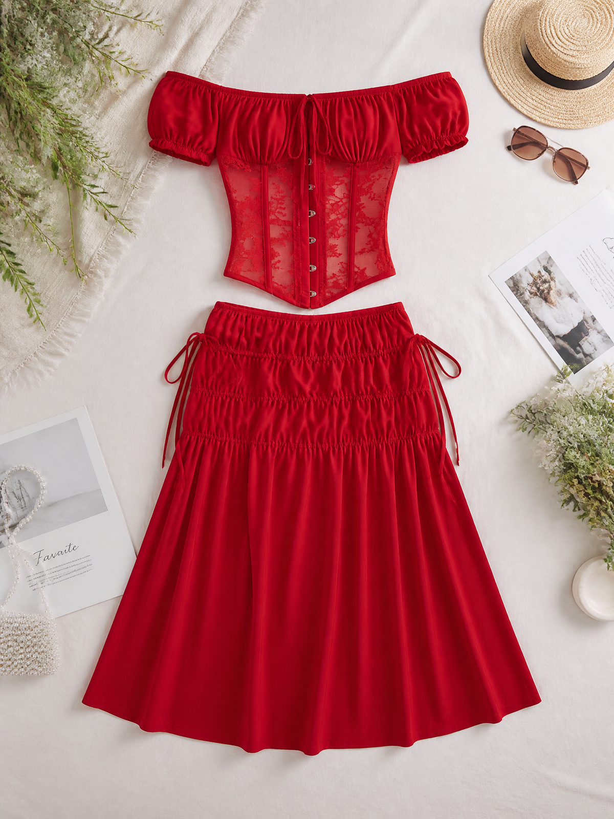 Red Lace Corset Midi Dress with Off-Shoulder Detail