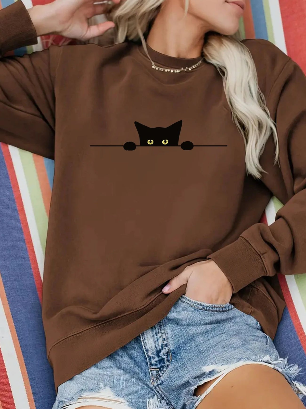 Cat Print Round Neck Sweatshirt