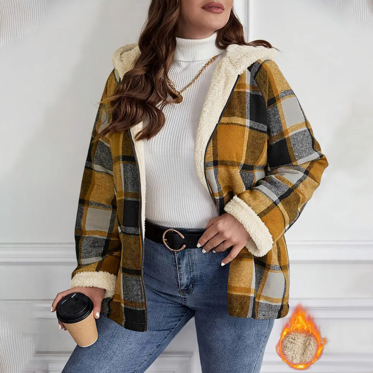 Checkered Patchwork Fleece-Lined Hooded Sweatshirt Jacket