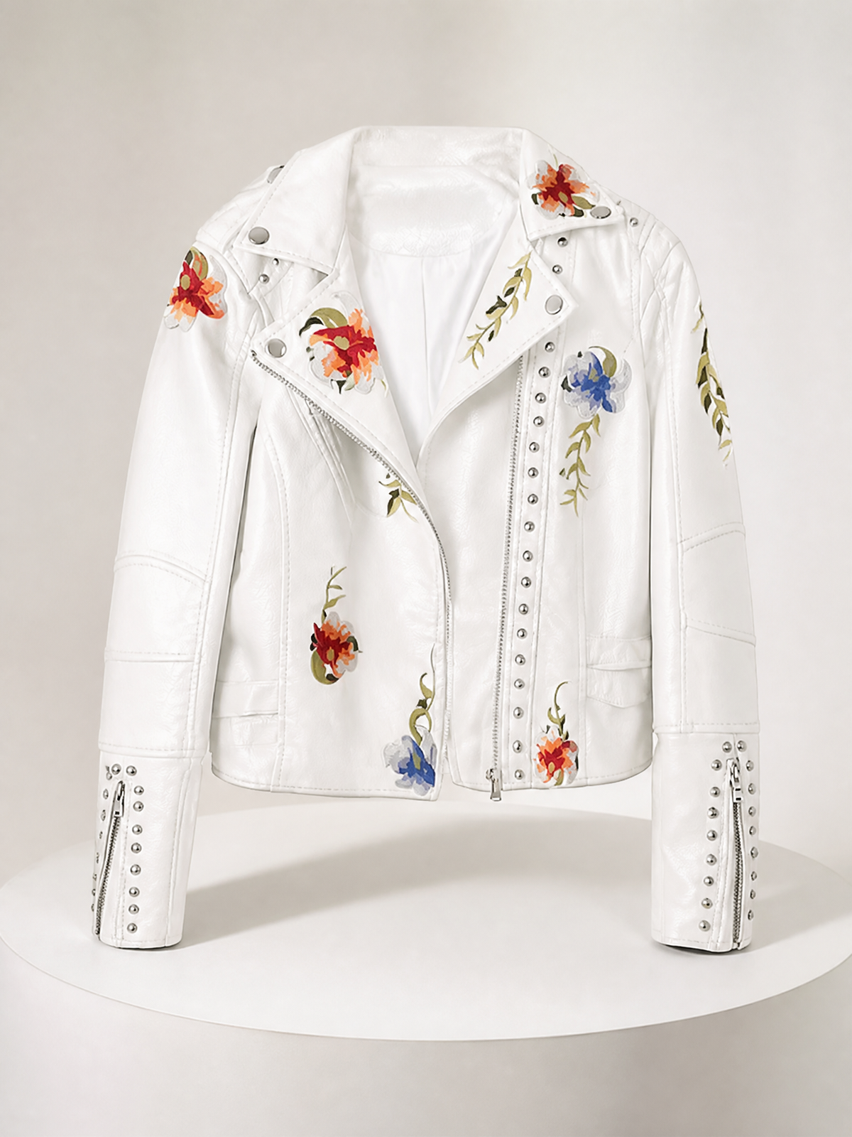 Embroidered Rivet Leather Jacket in Slim Fit