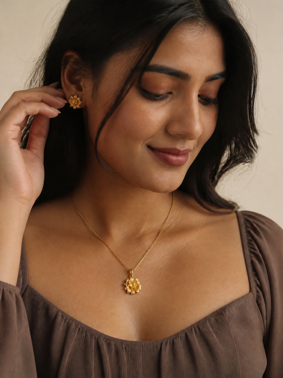 Sunflower and Butterfly Pendant Necklace in 18K Gold Plated