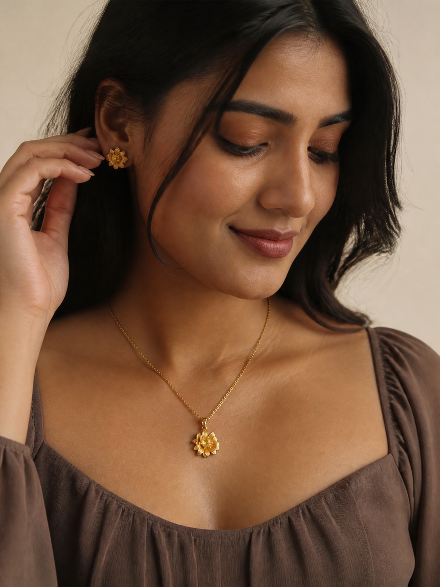 Sunflower and Butterfly Pendant Necklace in 18K Gold Plated