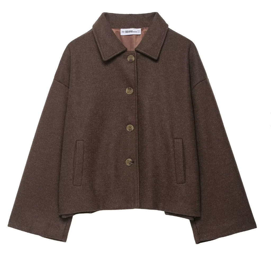 Lapel-button loose woolen coat