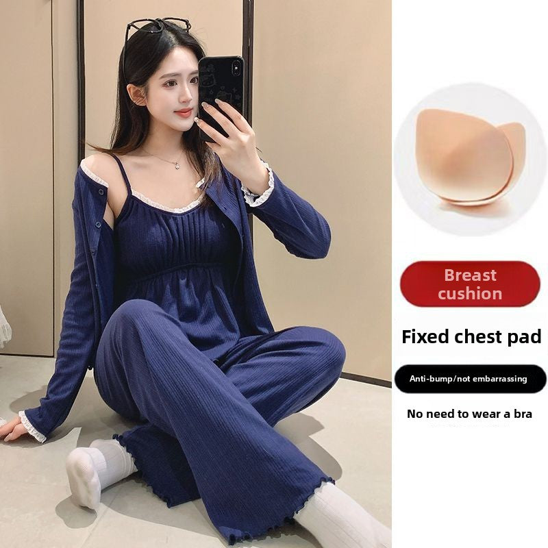 Sling Nightgown with Chest Pad Thin Three-piece Set