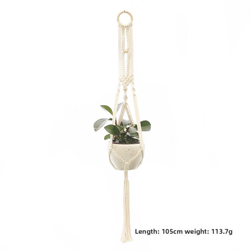 Handwoven Cotton Hanging Plant Basket with Decorative Accents