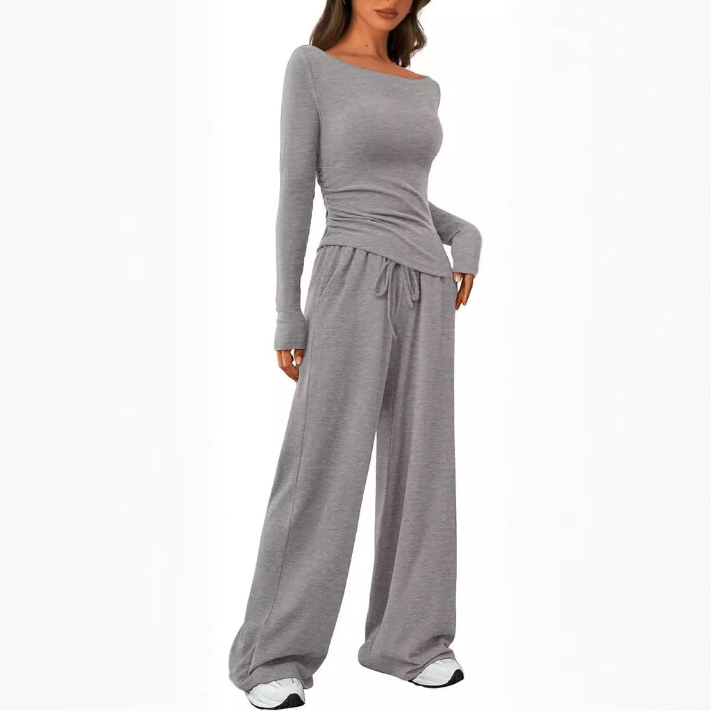 Women Asymmetric Long Sleeve T-Shirt and Wide Leg Pants Set