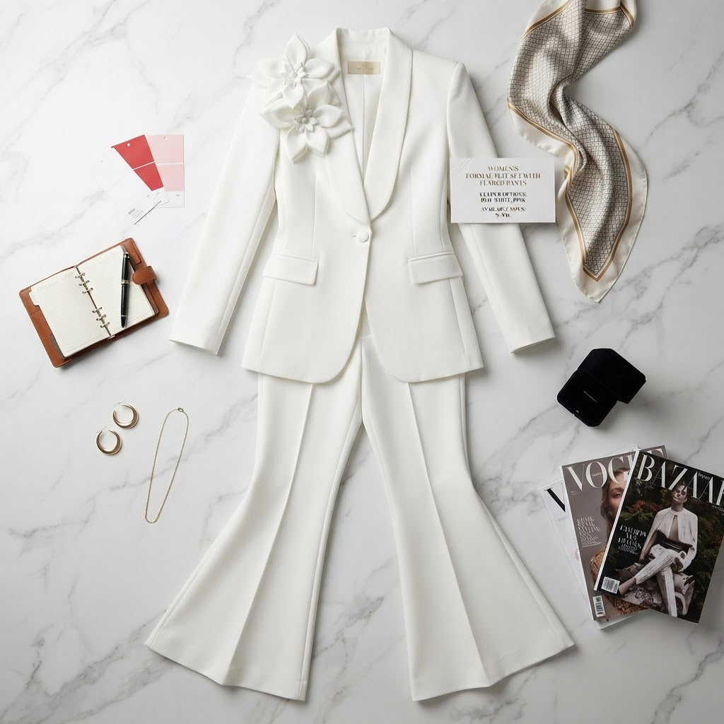 Women's Formal Floral Blazer and Flared Trouser Suit Set