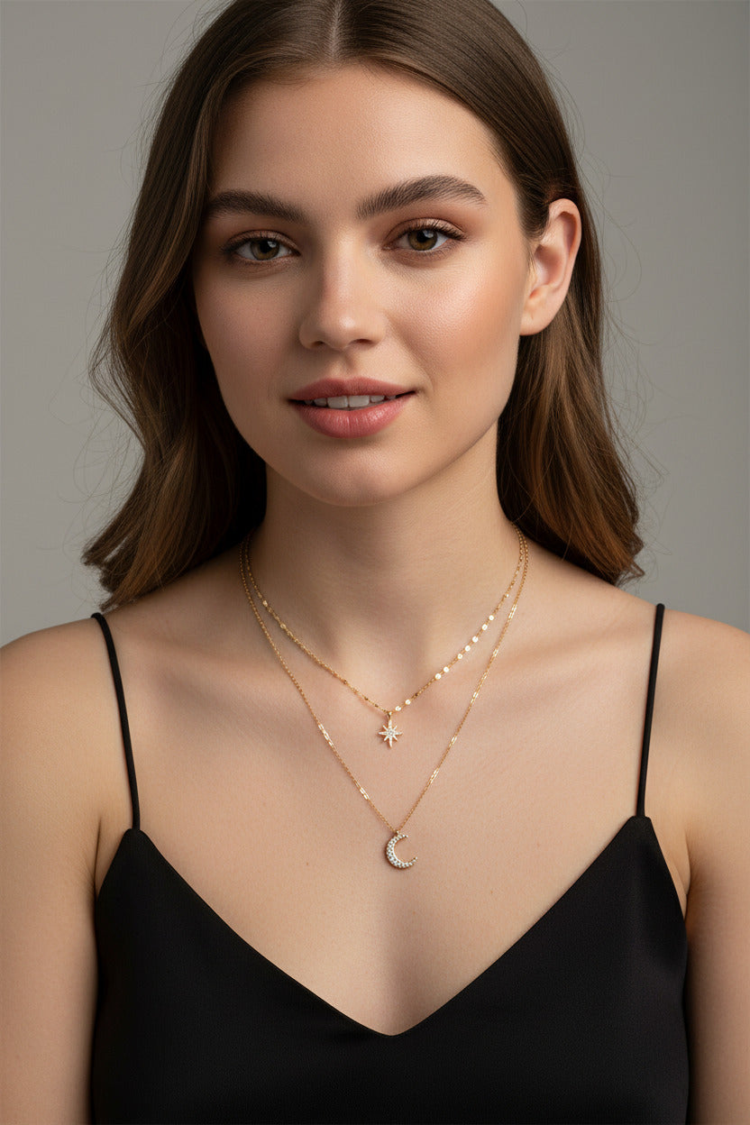 Layered Star Moon Pendant Necklace for Women