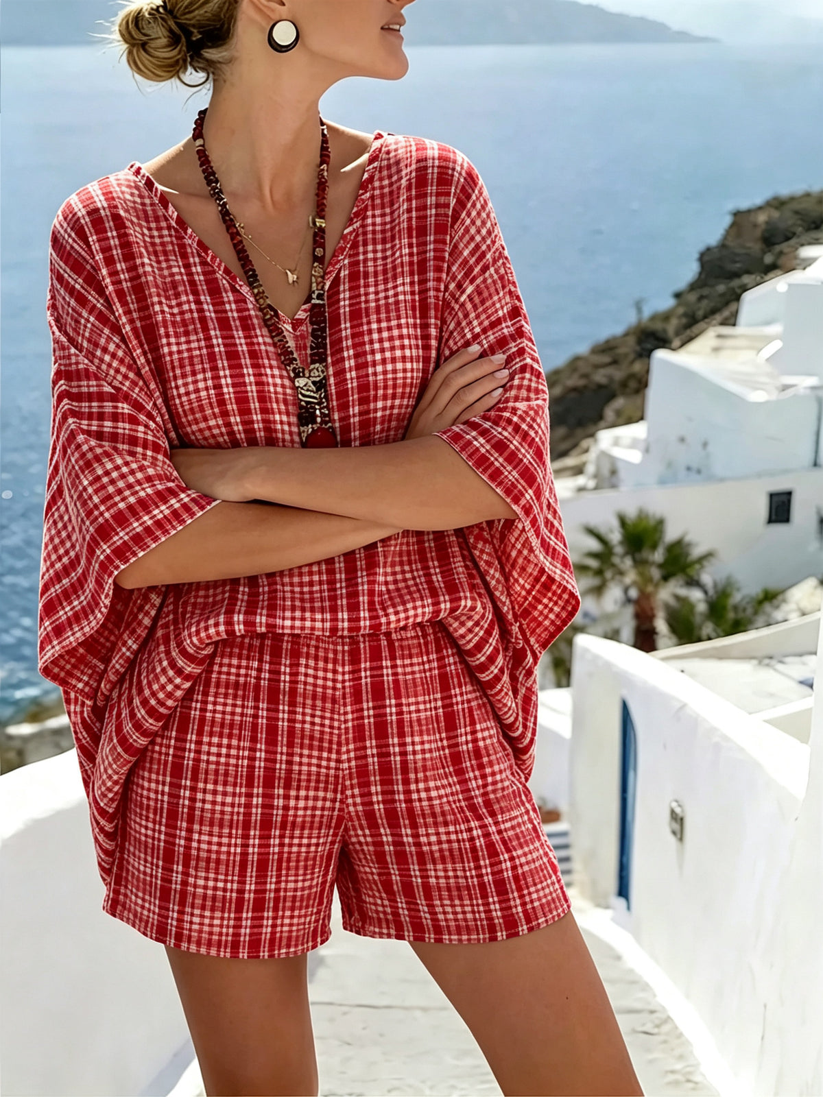 Women's Chic Striped V-Neck Batwing Sleeve Two-Piece Shorts Set