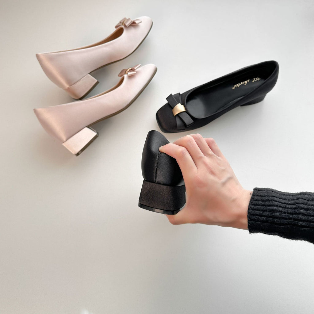 Women's Square Toe Satin Bowknot Heels