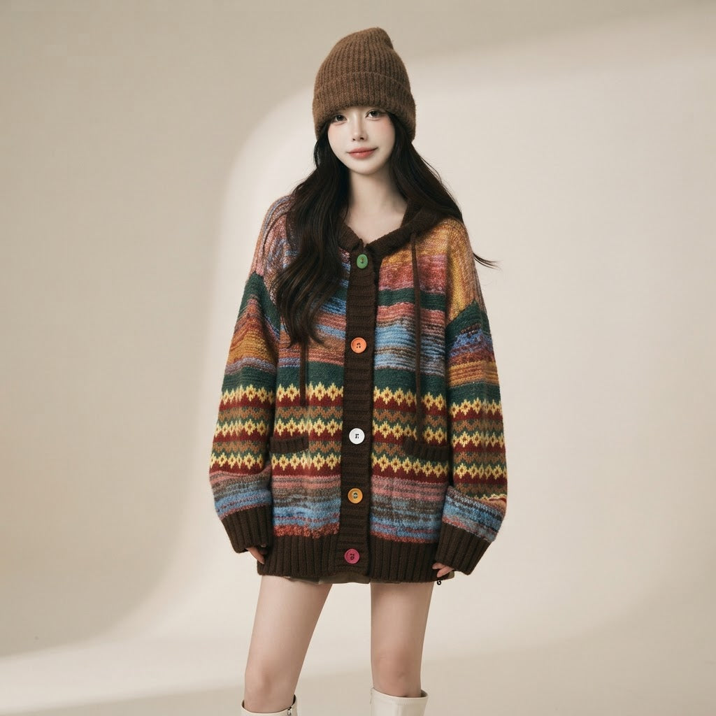 Retro Striped Contrast Knitted Cardigan - Oversized Cozy Knit