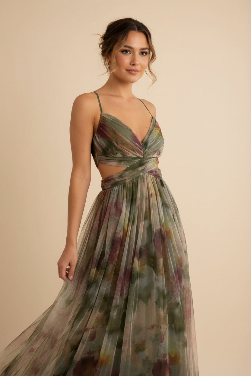 Women Mesh Printed Sling Dress Summer Vacation Party Dress