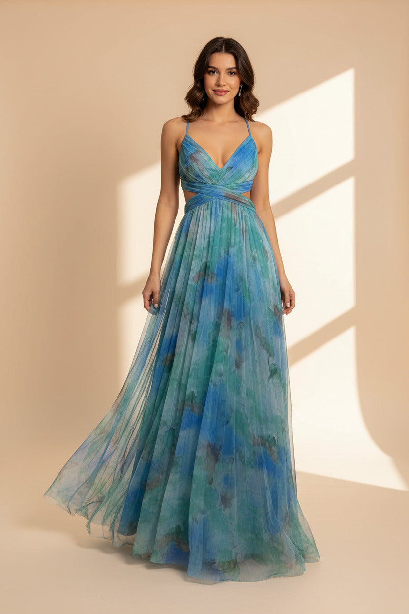 Women Mesh Printed Sling Dress Summer Vacation Party Dress