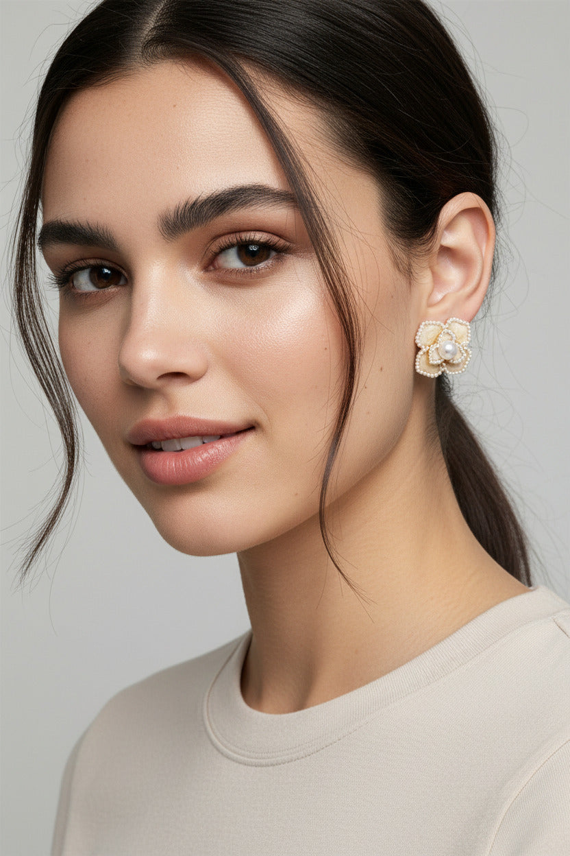 Oil-Drop Camellia pearl flower earrings with artistic retro charm