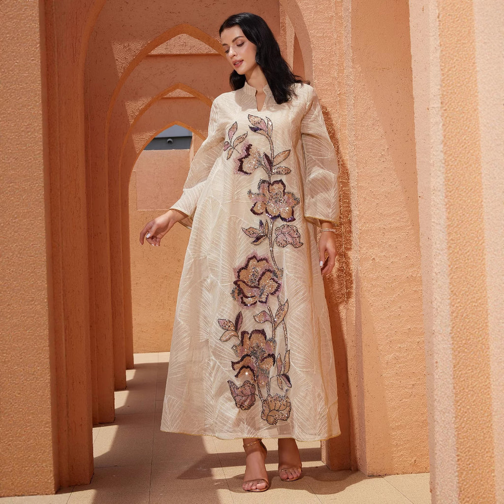 Women’s Embellished Floral Kaftan Maxi Dress – Champagne Beige