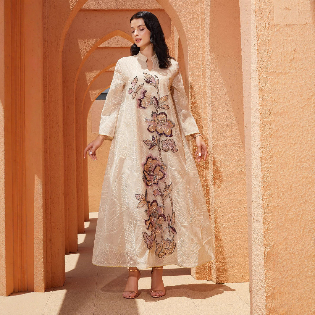 Women’s Embellished Floral Kaftan Maxi Dress – Champagne Beige