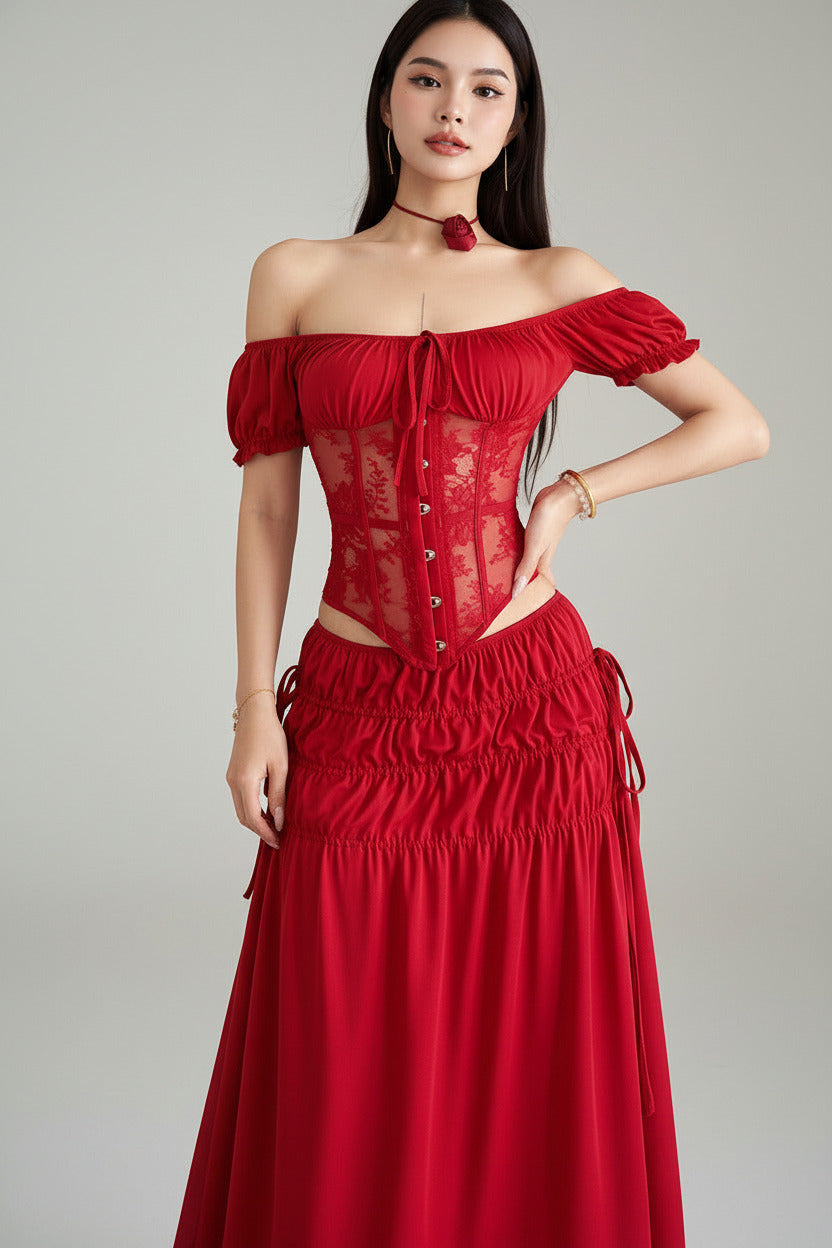 Red Lace Corset Midi Dress with Off-Shoulder Detail