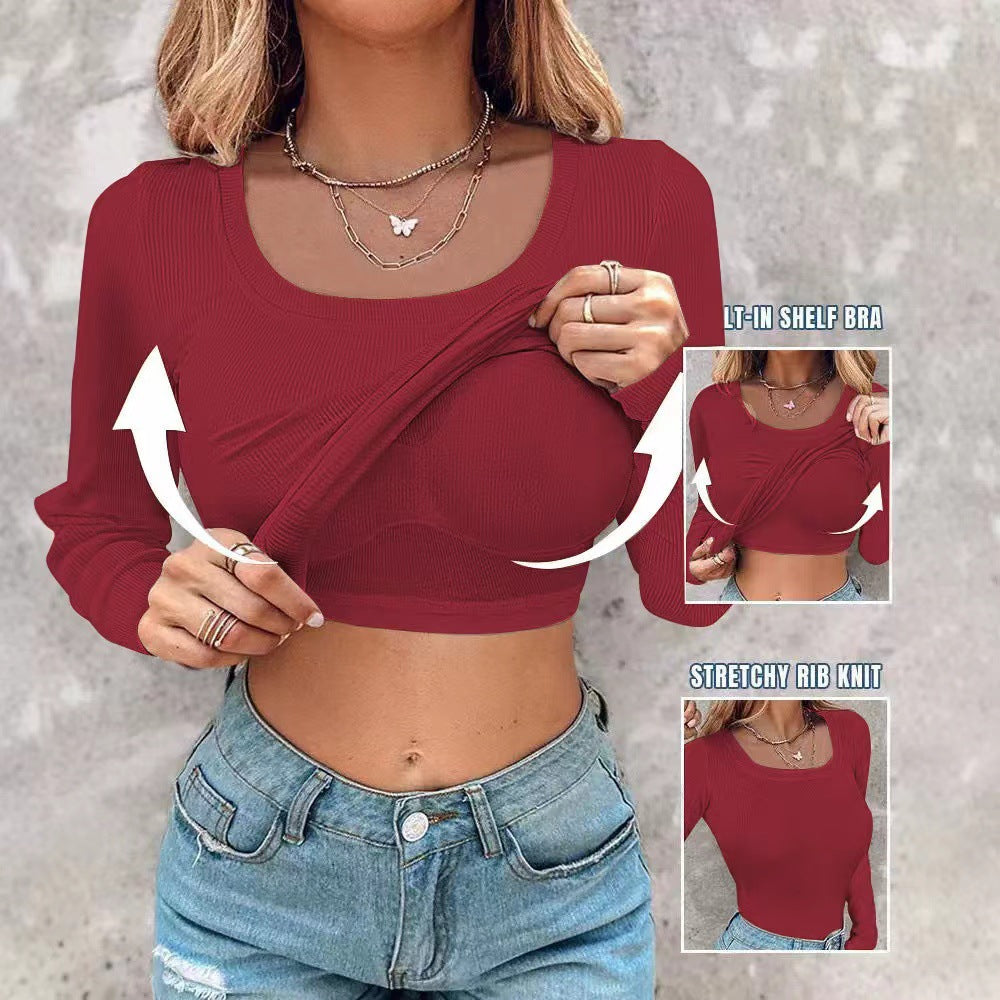 Women's Built-in Bra U-Neck Long Sleeve T-Shirt