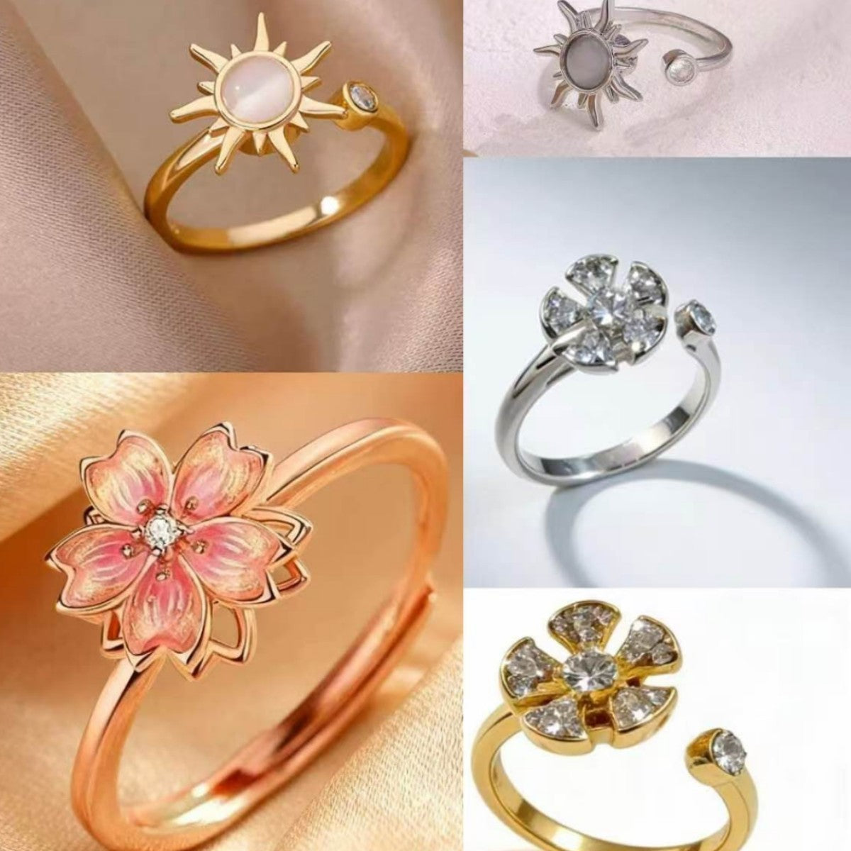 Pack of 6  Floral Adjustable Spinning Rings
