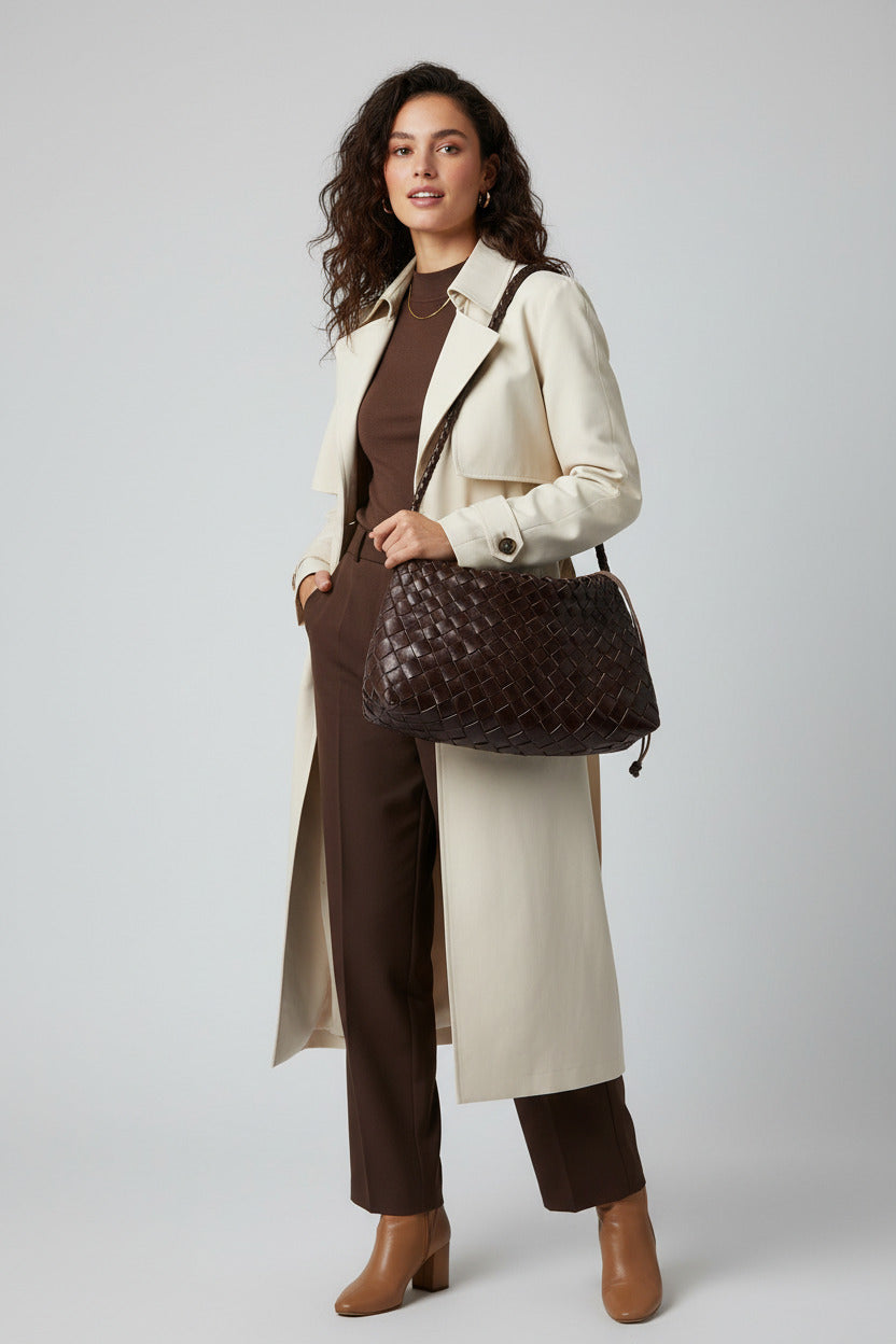 Brown woven handbag on a black surface with a white wall background