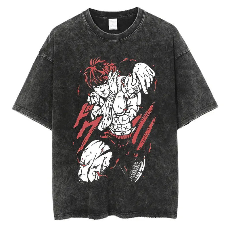 Vintage Washed Anime Streetwear T-Shirt - Baki Graphic Edition