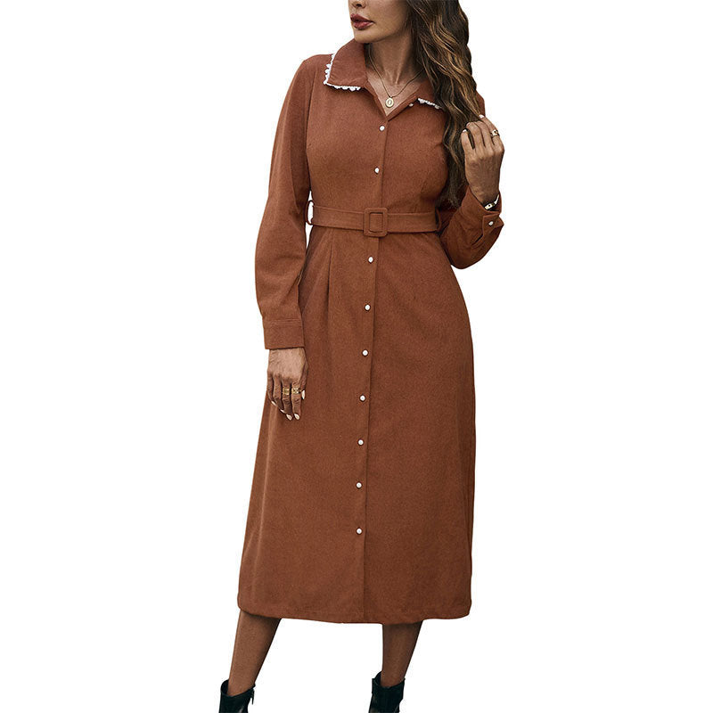 Womens Lapel Lace Trim Long Sleeve Corduroy Shirt Dress