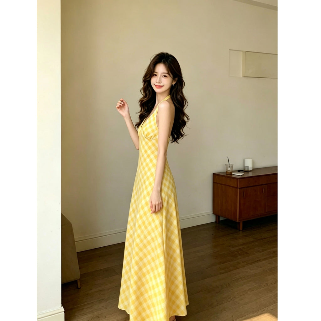 Yellow Plaid Halter Neck Summer Dress