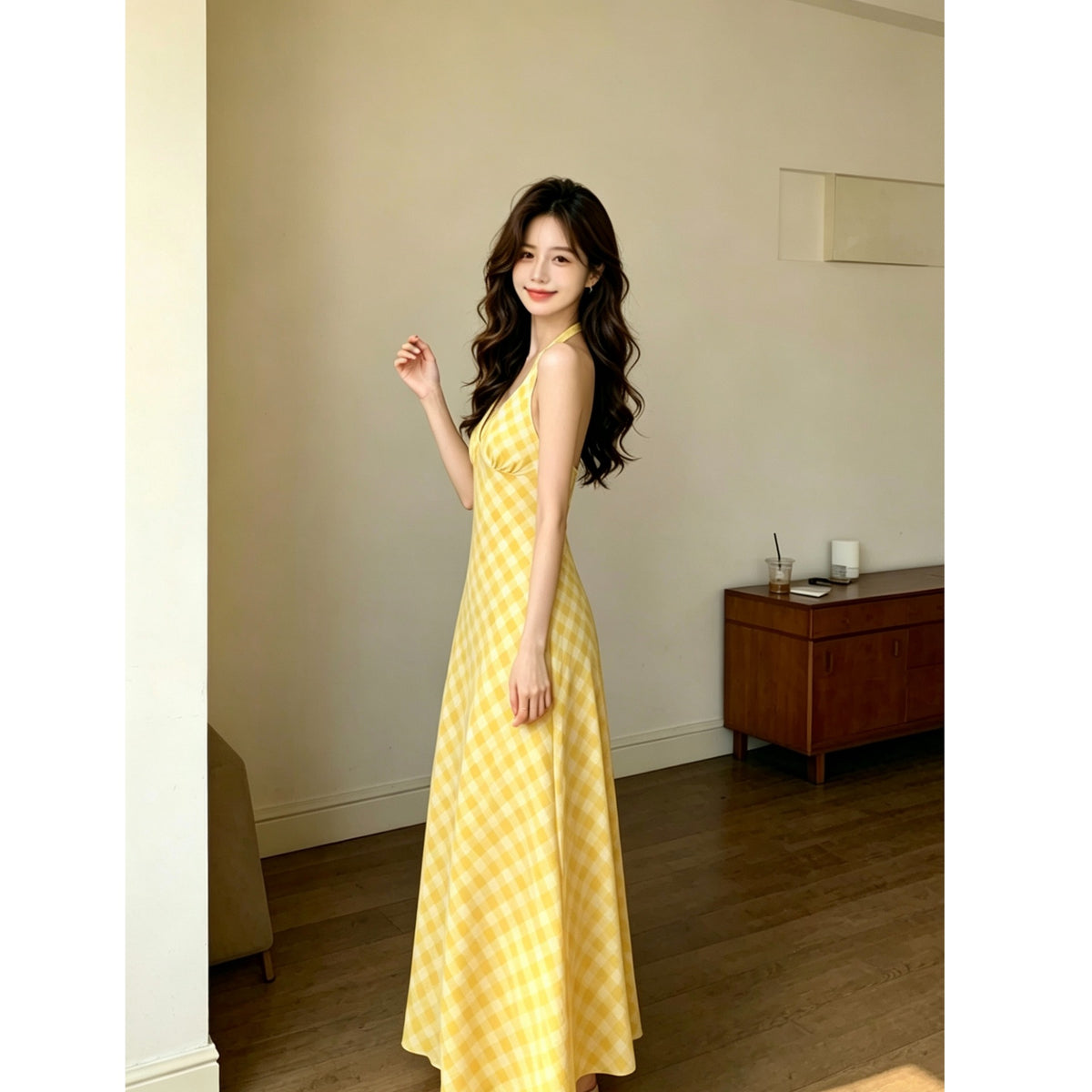 Yellow Plaid Halter Neck Summer Dress