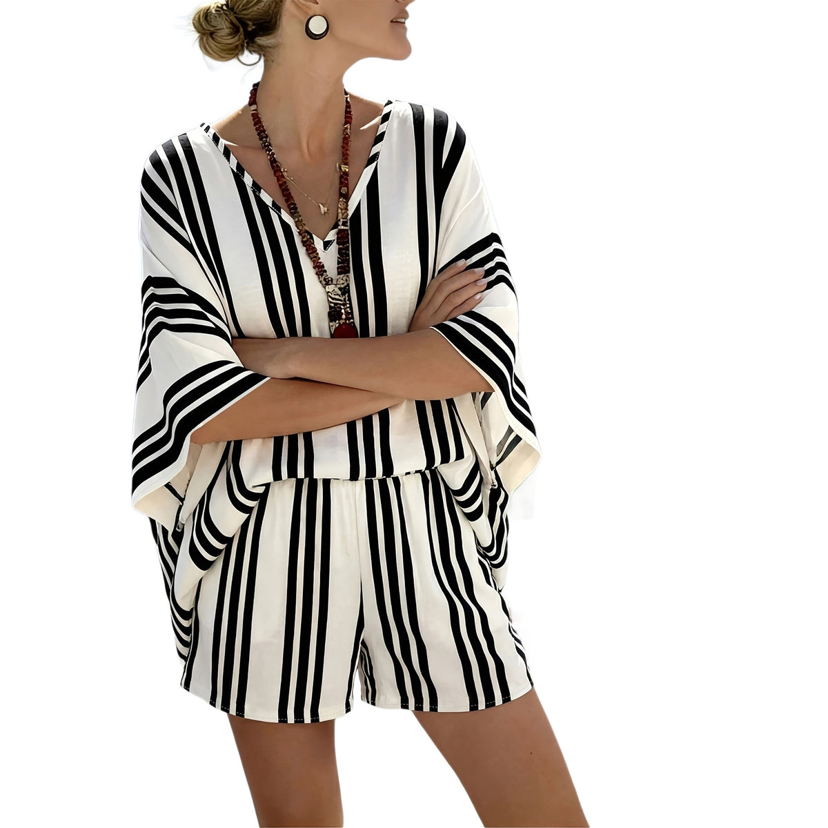 Women's Chic Striped V-Neck Batwing Sleeve Two-Piece Shorts Set