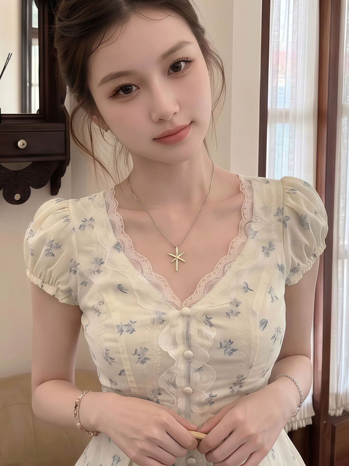French Sweet Puff Sleeve Floral Shirt