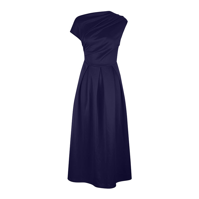 Elegant Diagonal Collar Waist-Cinching Dress