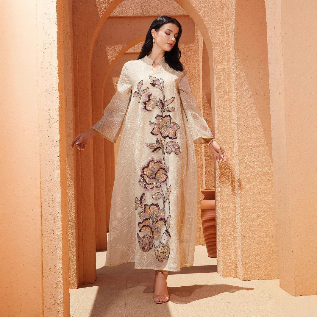 Women’s Embellished Floral Kaftan Maxi Dress – Champagne Beige
