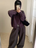 Contrasting color stripe zipper hooded knitted cardigan