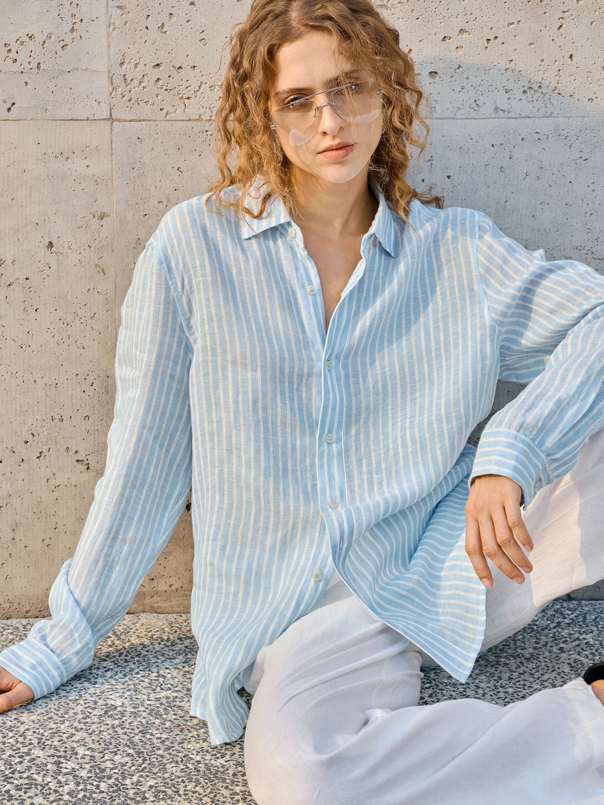 Women's linen loose-fitting collar shirt