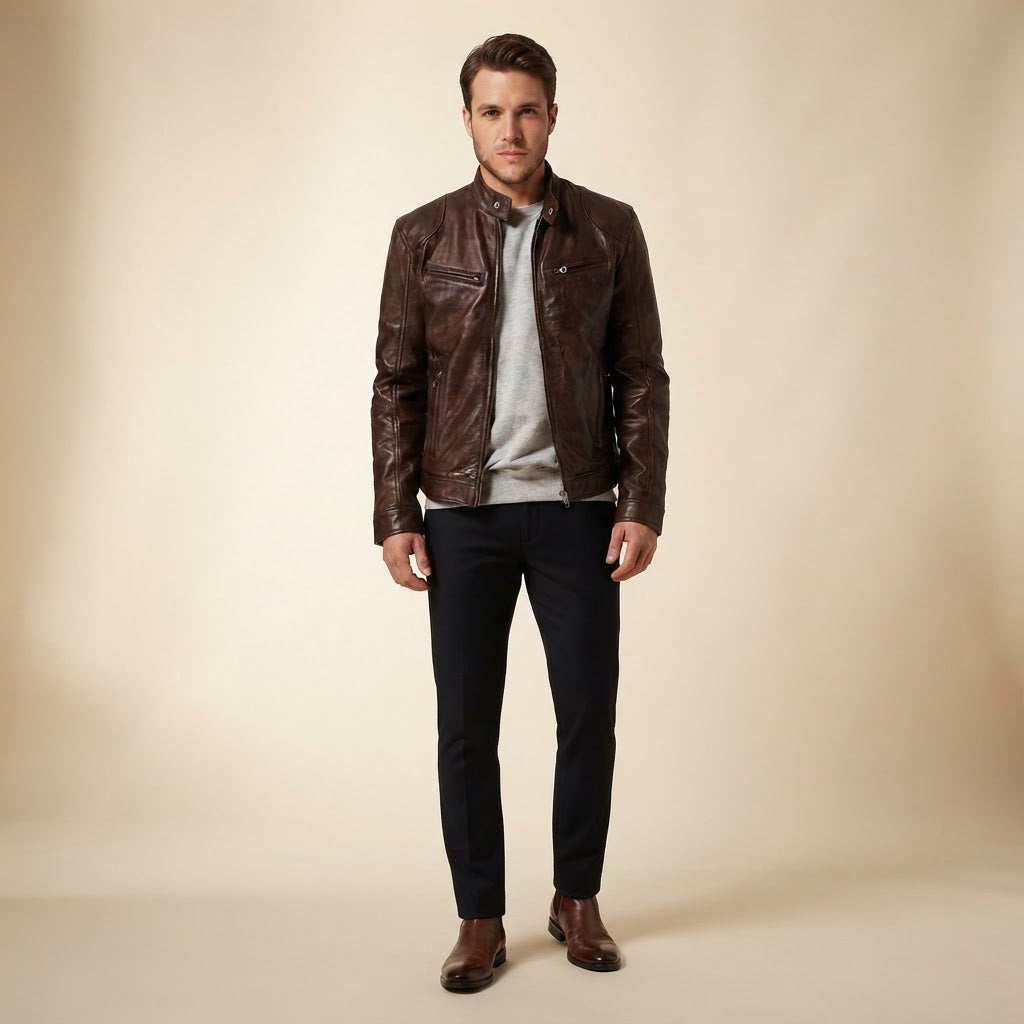Men's Stand Collar Synthetic Leather Moto Jacket - product image 9