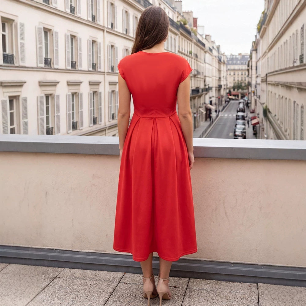 Elegant Diagonal Collar Waist-Cinching Dress