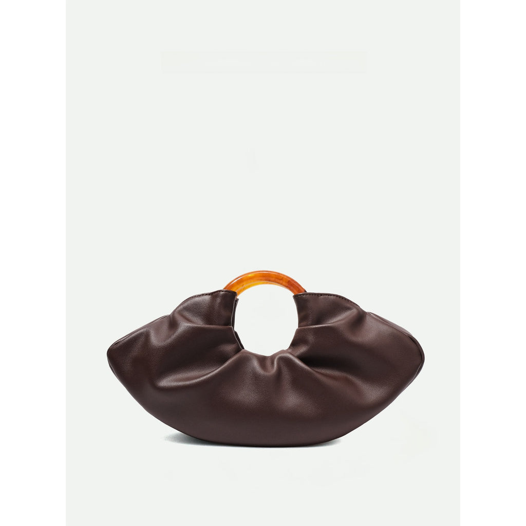 Pleated Leather Clutch Bag with Ring Handle