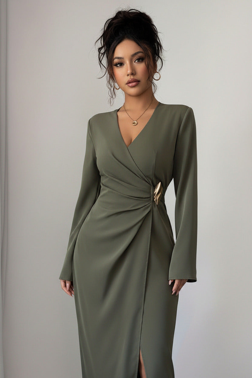 Womens Solid Color V-Neck Long Sleeve Dress