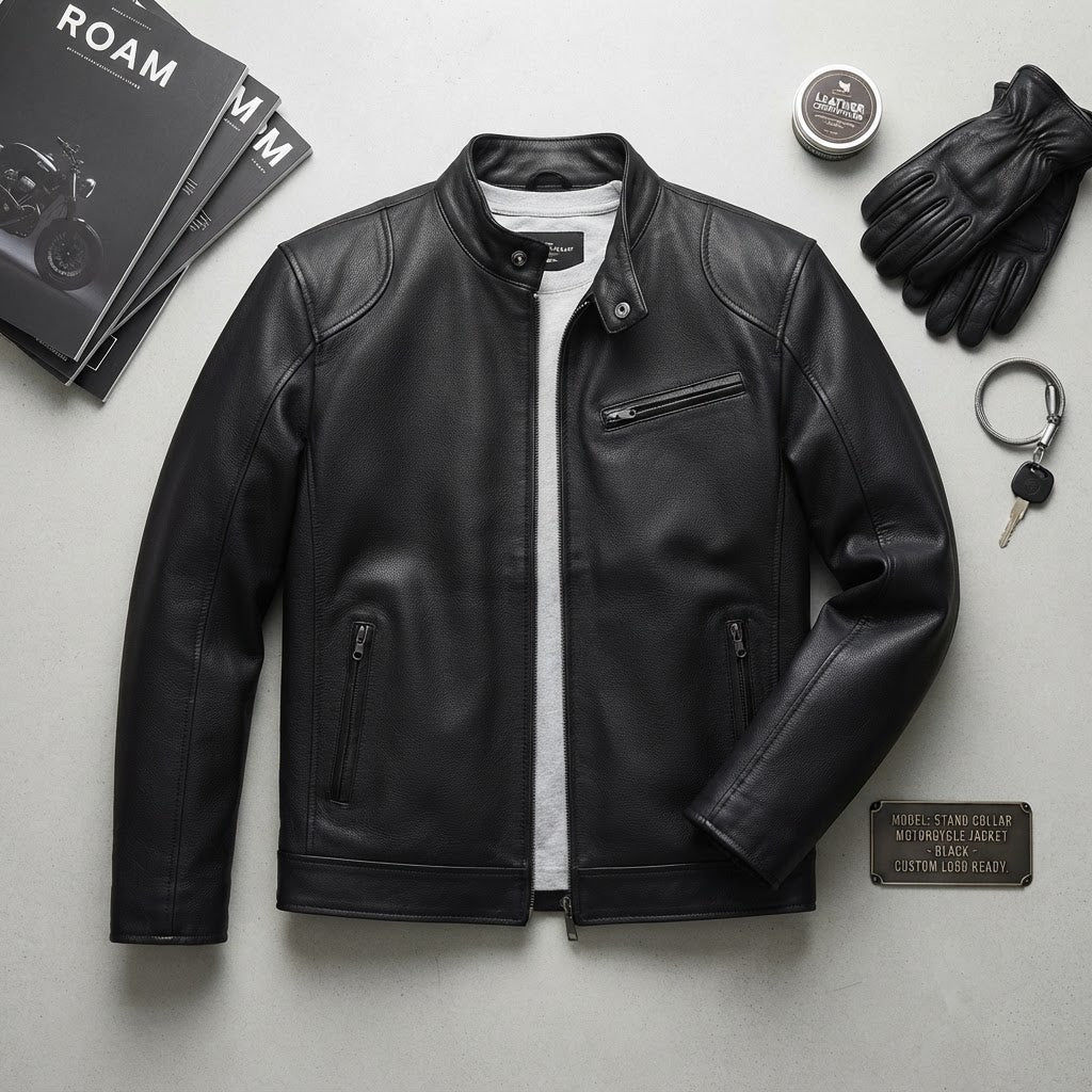 Men's Stand Collar Synthetic Leather Moto Jacket - product image 11