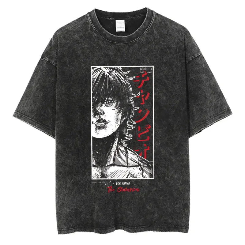 Vintage Washed Anime Streetwear T-Shirt - Baki Graphic Edition