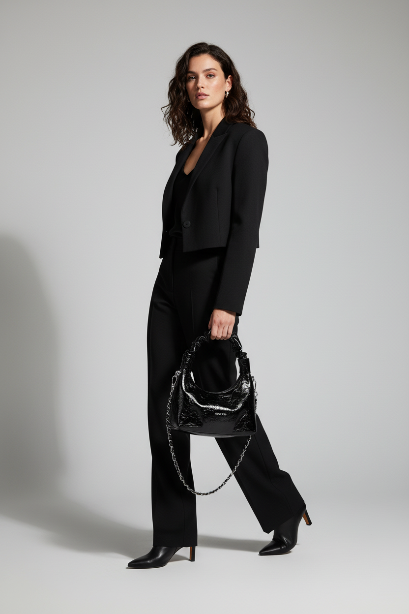 Close-up of a black crinkled faux-croc leather handbag with a ruched shoulder strap and a silver chain strap, featuring the text 'Chrs'2ab' on the front against a light gray background.