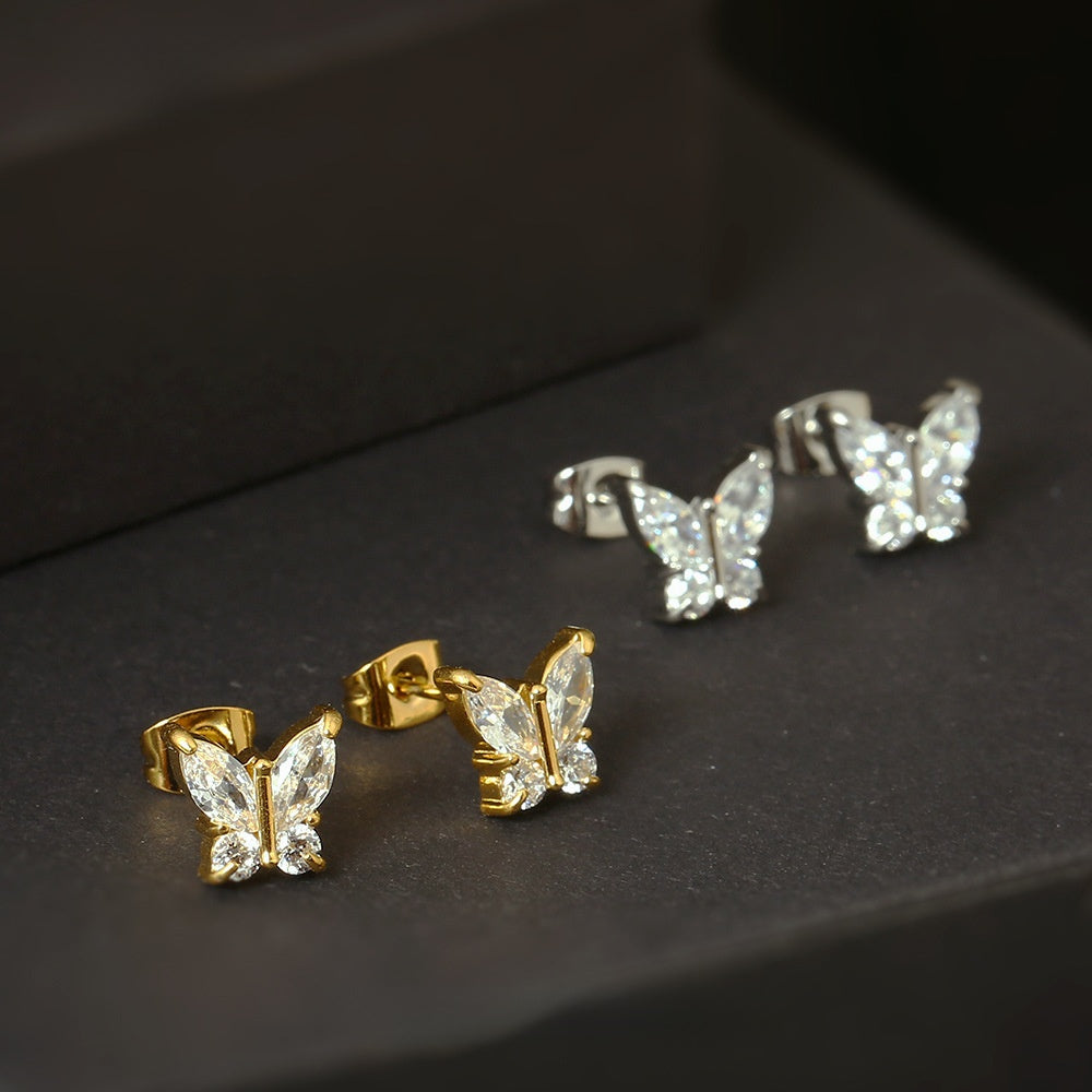 2 Pcs Butterfly Zircon Earring Steel Fashion Jewelry