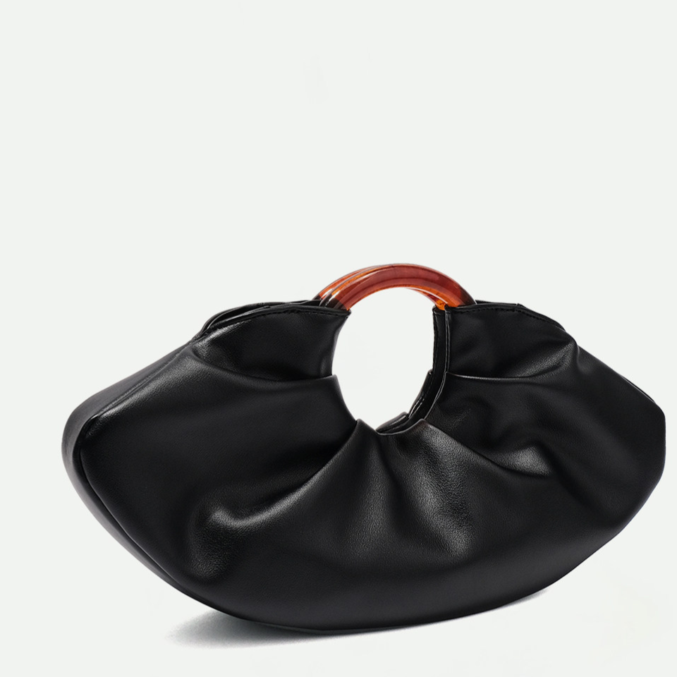 Pleated Leather Clutch Bag with Ring Handle