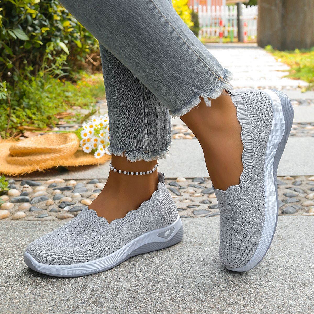 Fly-Knit Mesh Slip-On Walking Shoes for Women