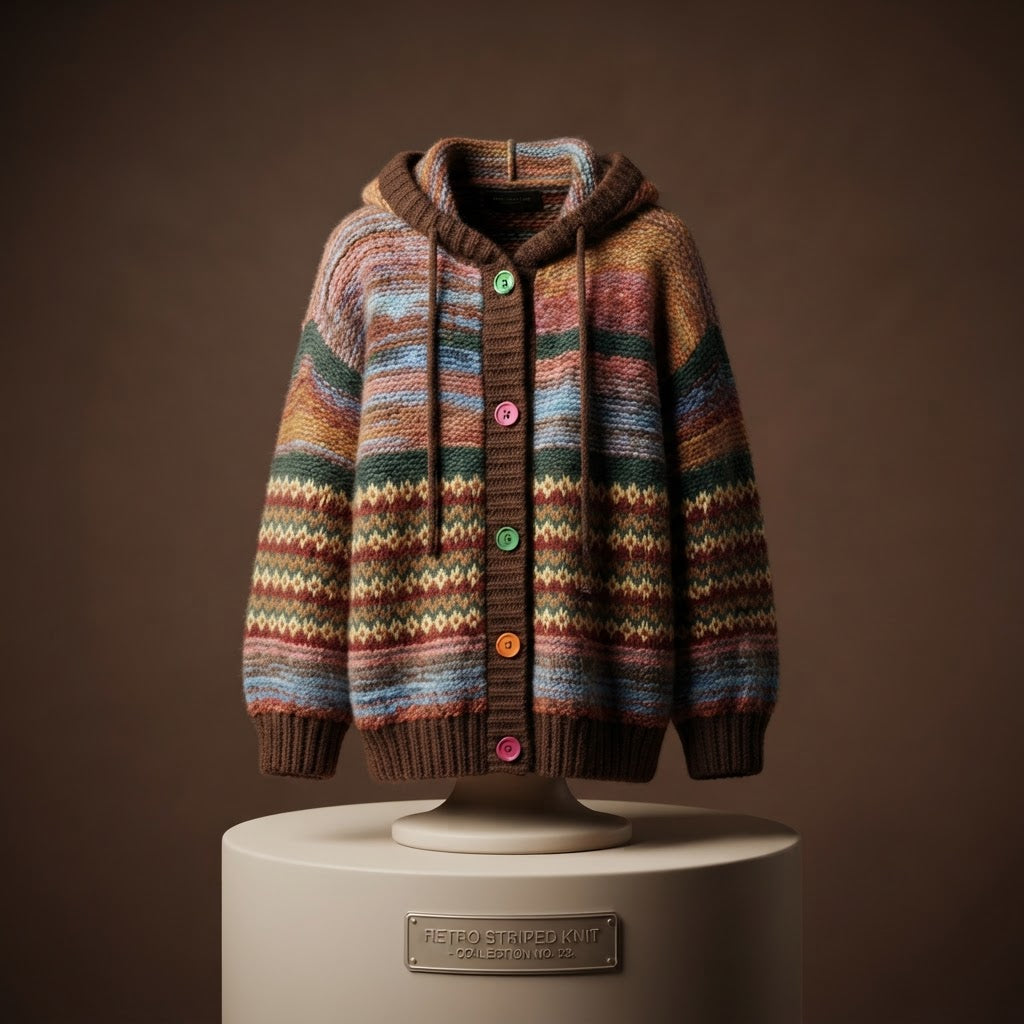 Retro Striped Contrast Knitted Cardigan - Oversized Cozy Knit