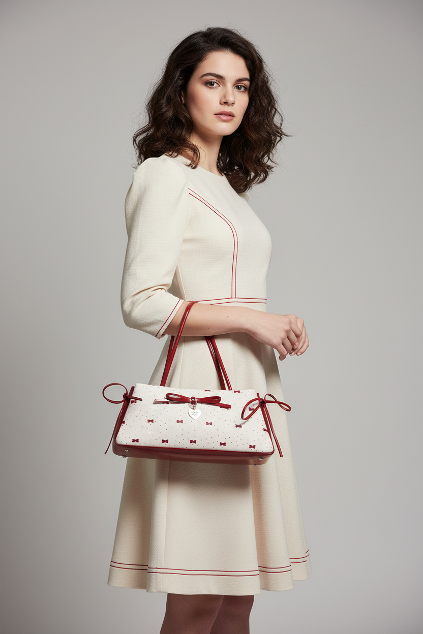 A close-up of a handbag with a white textured body, small red bow and dot pattern, glossy red handles and trim, and a dangling heart-shaped charm engraved with 'Spectro Homo London'.